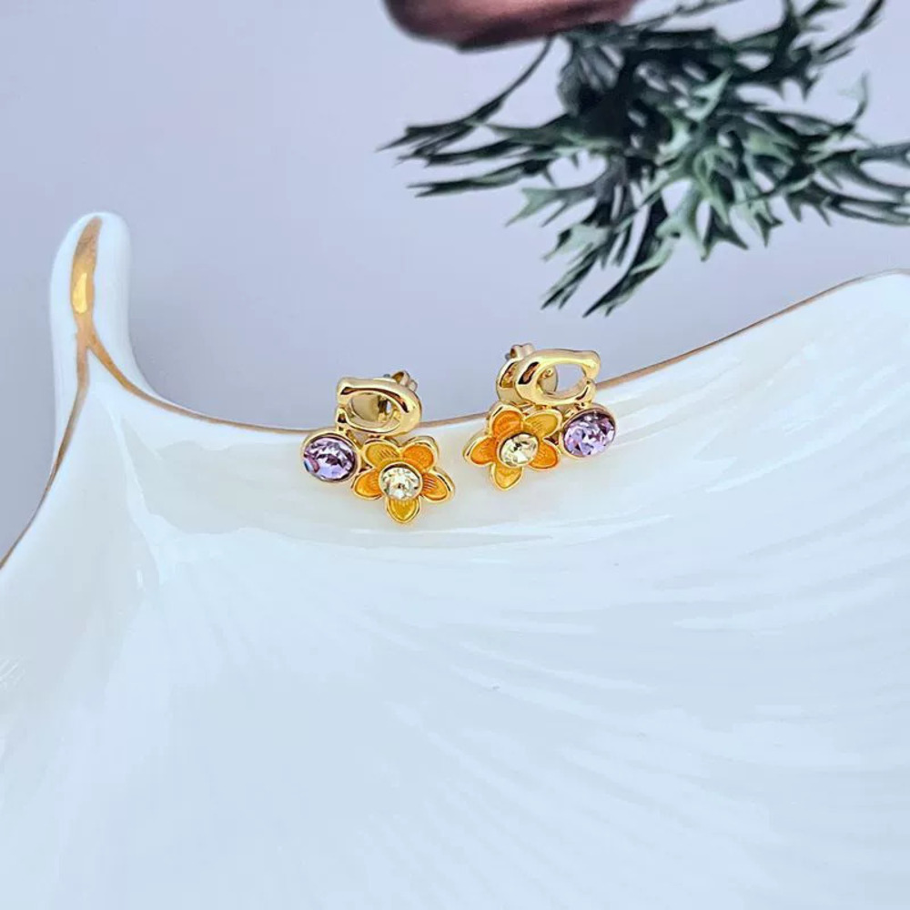 Coach Rhinestone Enamel Flower Inlay Metal Earrings